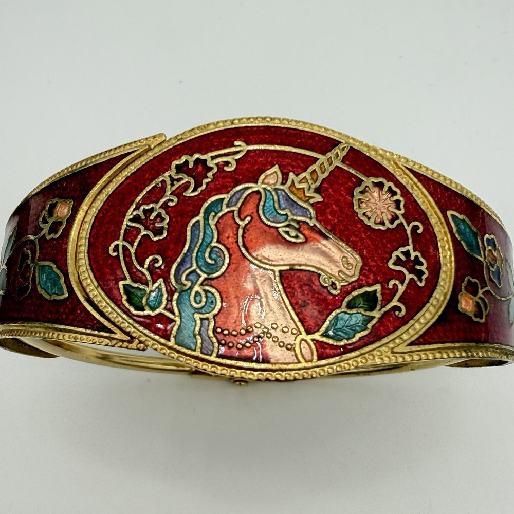 ESTATE VINTAGE CLOISONNE ENAMEL UNICORN FLORAL HINGED BRACELET